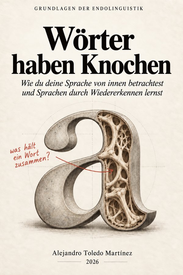 Umschlag: Wörter haben Knochen. Ein steinerner Buchstabe a, in der Mitte aufgeschnitten, zeigt innen eine Knochenstruktur. Eine handschriftliche Notiz fragt: Was hält ein Wort zusammen?
