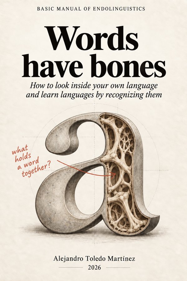 Cover: Words have bones. A stone letter a, cut open, shows a bone structure inside. A handwritten note asks: what holds a word together?