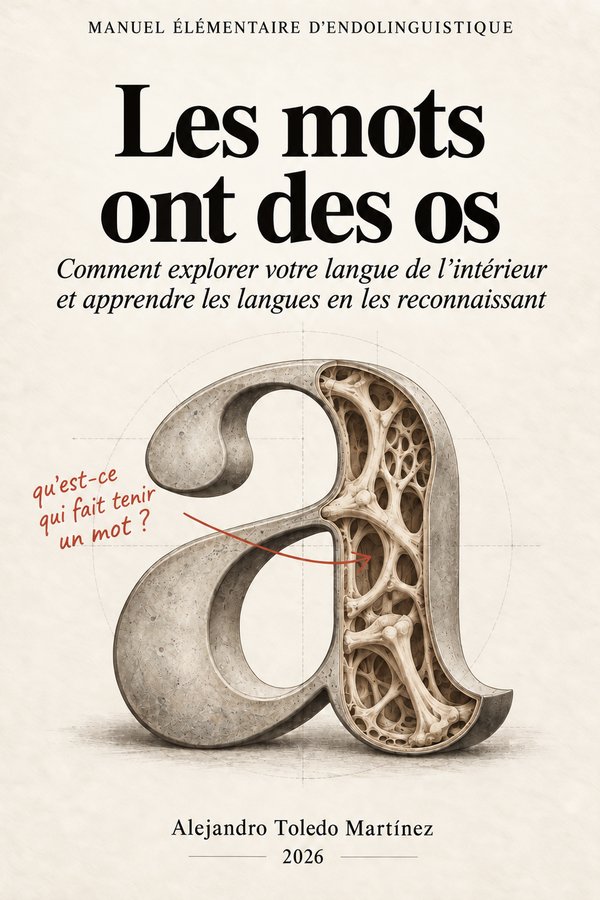Couverture : Les mots ont des os. Une lettre a en pierre, ouverte en deux, laisse voir à l’intérieur une structure d’os. Une note manuscrite demande : qu’est-ce qui fait tenir un mot ?