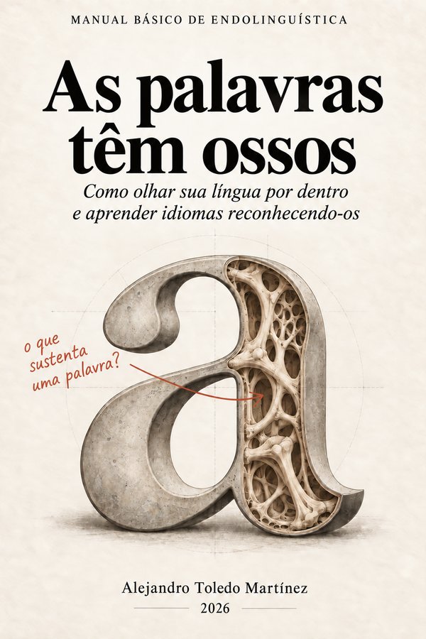 Capa: As palavras têm ossos. Uma letra a de pedra, aberta ao meio, deixa ver por dentro uma estrutura de osso. Uma nota escrita à mão pergunta: o que sustenta uma palavra?