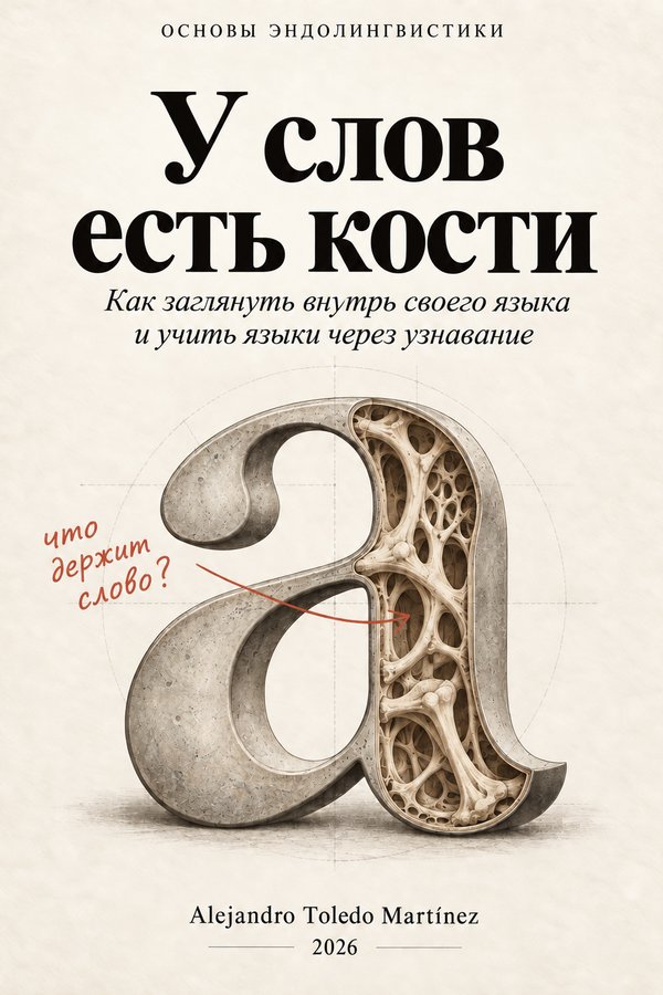 Обложка: У слов есть кости. Каменная буква a, разрезанная пополам, открывает внутри костную структуру. Рукописная пометка спрашивает: что держит слово?