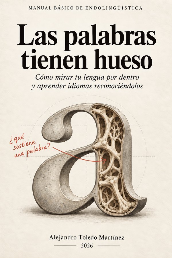 Portada: Las palabras tienen hueso. Una letra a de piedra, abierta por la mitad, deja ver por dentro una estructura de hueso. Una nota a mano pregunta: ¿qué sostiene una palabra?
